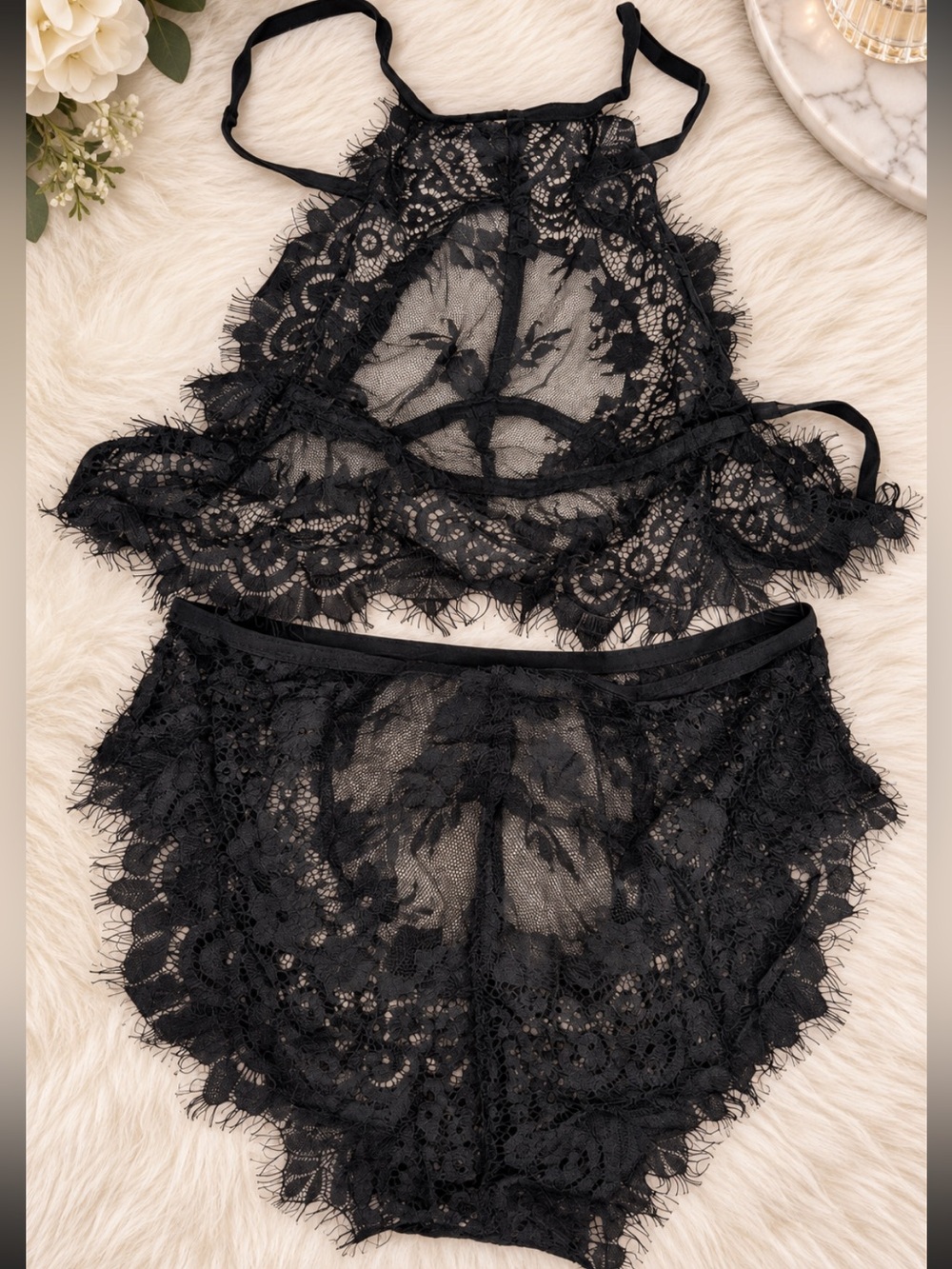 ☀️5/$20 woman’s  Black Eyelash Lace Lingerie Set – Sheer Halter Bralette
